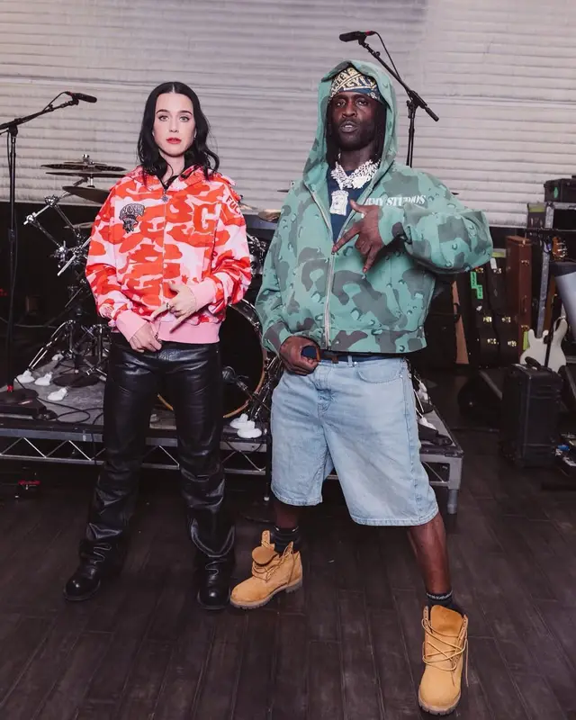 Katy Perry outfit in Glo Gang and Martine Rose, 2026