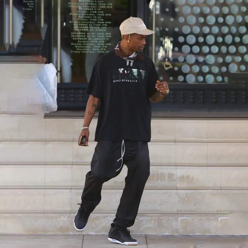 Travis Scott outfit in Nine Inch Nails, Rick Owens, and Cactus Jack, 2019