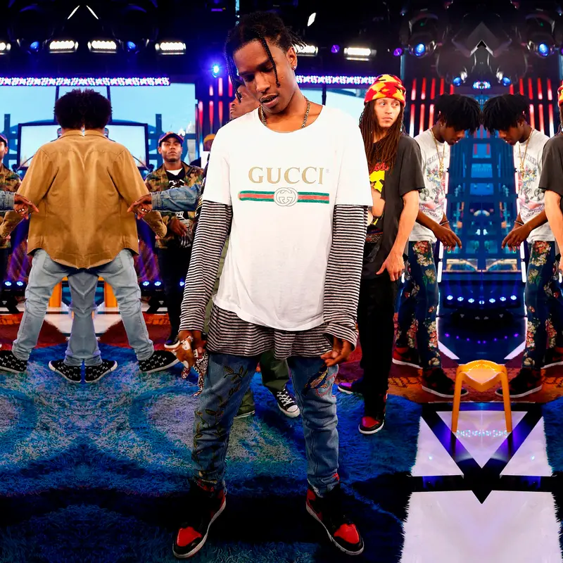 ASAP Rocky outfit in Gucci, Guess, and Nike, 2018