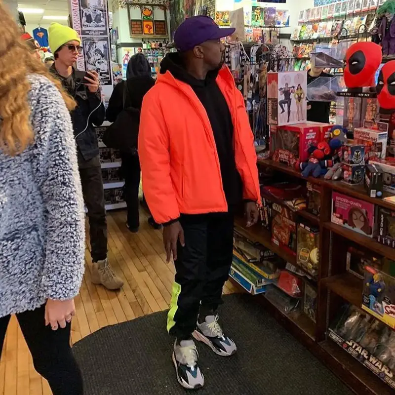 Kanye West outfit in Prada, Yeezy, and Xpswrld, 2019