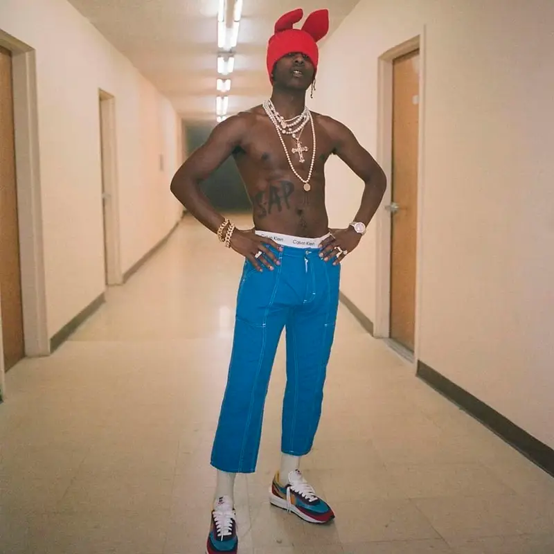 ASAP Rocky outfit in Eckhaus Latta, Comme Des Garcons, and Calvin Klein, 2019