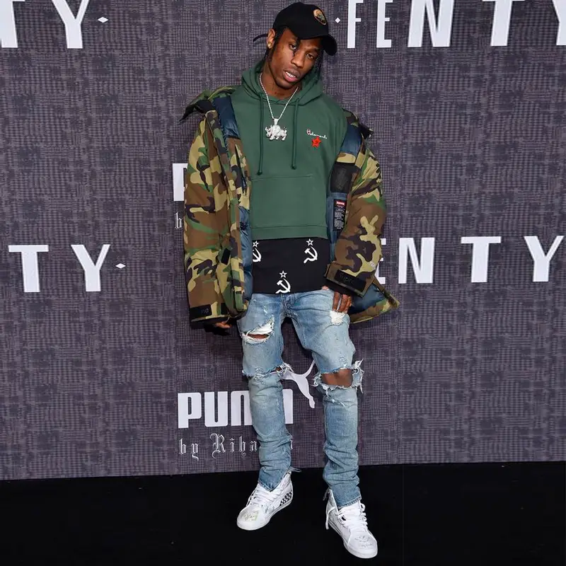 Travis Scott outfit in Supreme, Vetements, and Travis Scott Merch, 2016