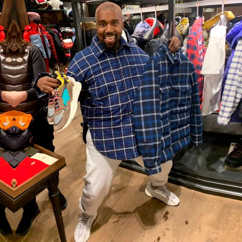 Kanye West outfit in Moncler, Balenciaga, and Fragment, 2018