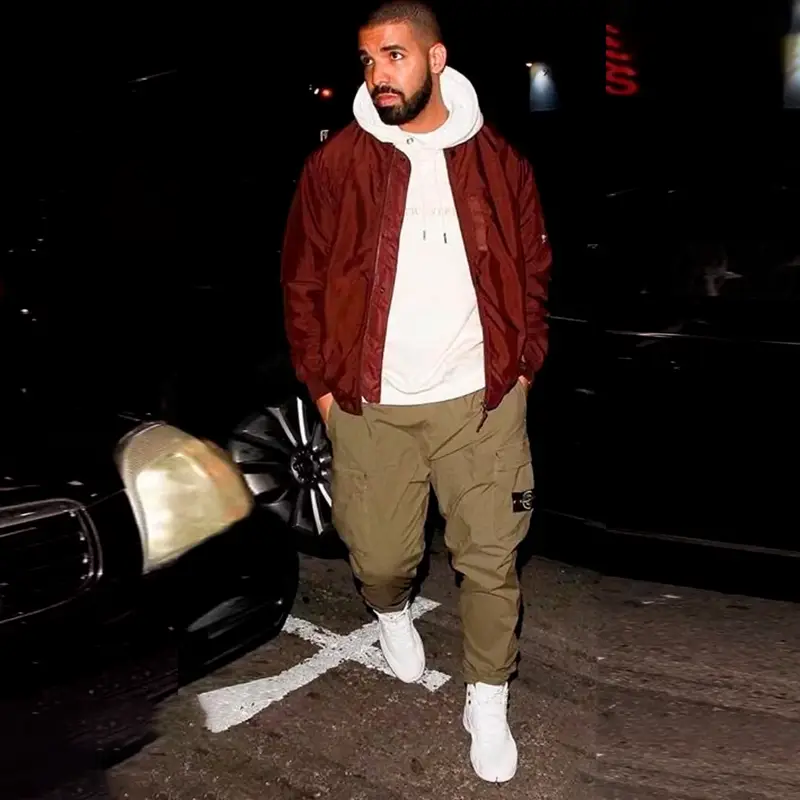 Drake outfit in OVO, Stone Island, and Jordan, 2018