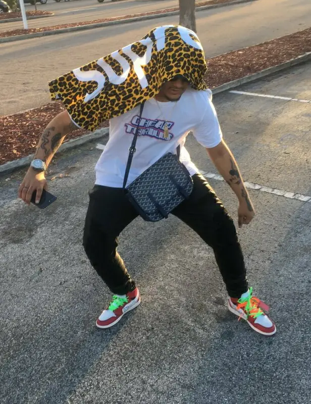 Smokepurpp outfit in Anchor, Goyard, and Supreme, 2019