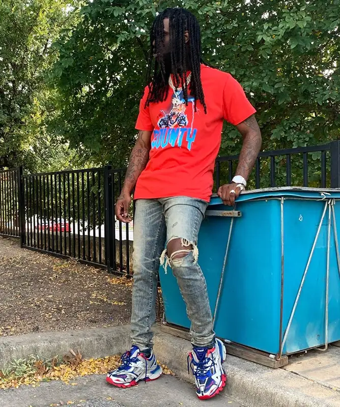 Chief Keef outfit in Marcelo Burlon, Amiri, and Balenciaga, 2019