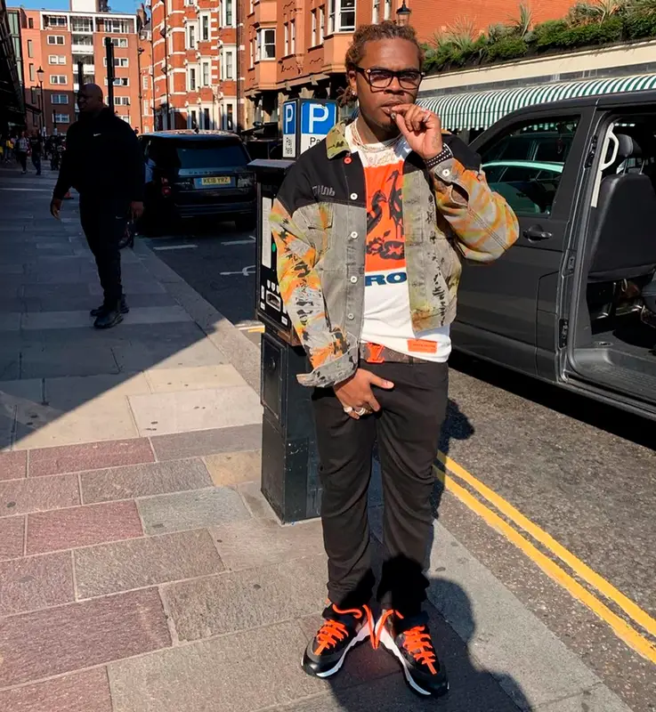Gunna outfit in Heron Preston, Pierre Hardy, and Louis Vuitton, 2019