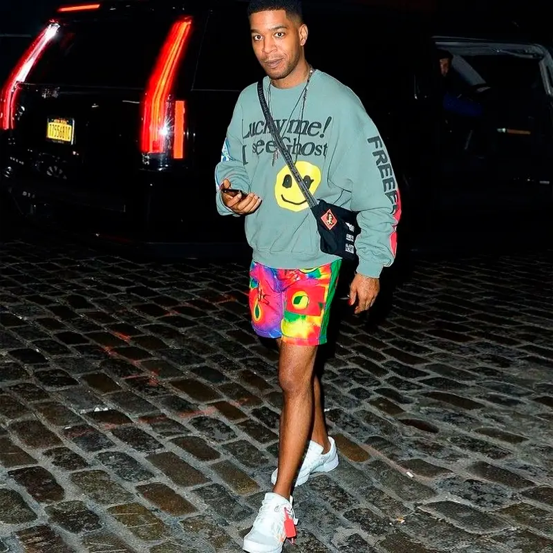 Kid Cudi outfit in Cactus Plant Flea Market, Off-White, and Nike, 2019