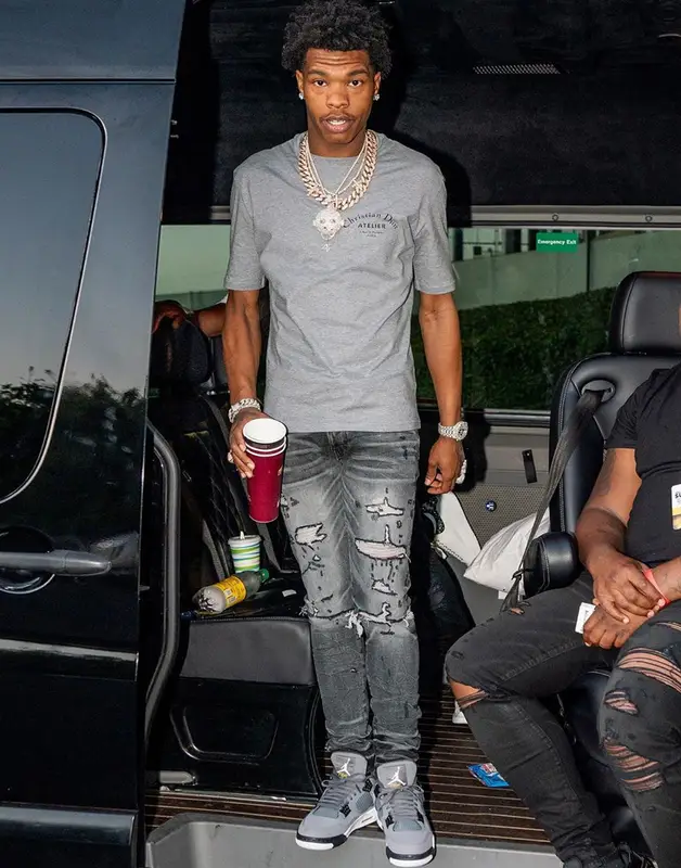 Lil Baby outfit in Dior, Amiri, and Jordan, 2019