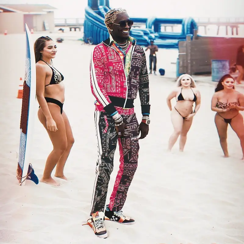 Young Thug outfit in Palm Angels, Versace, and Off-White, 2019