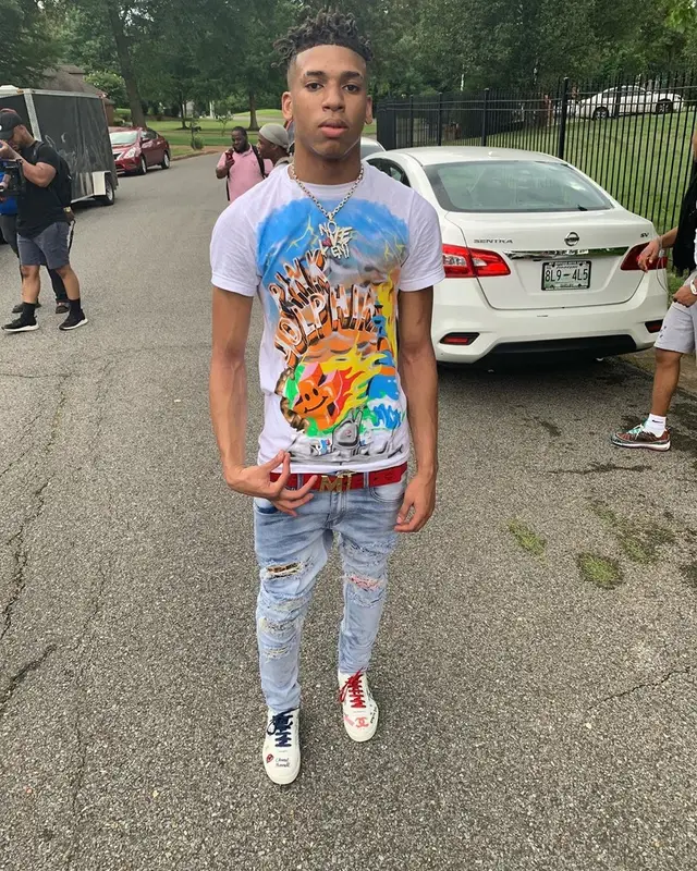 NLE Choppa outfit in Pink + Dolphin, Amiri, and MCM, 2019