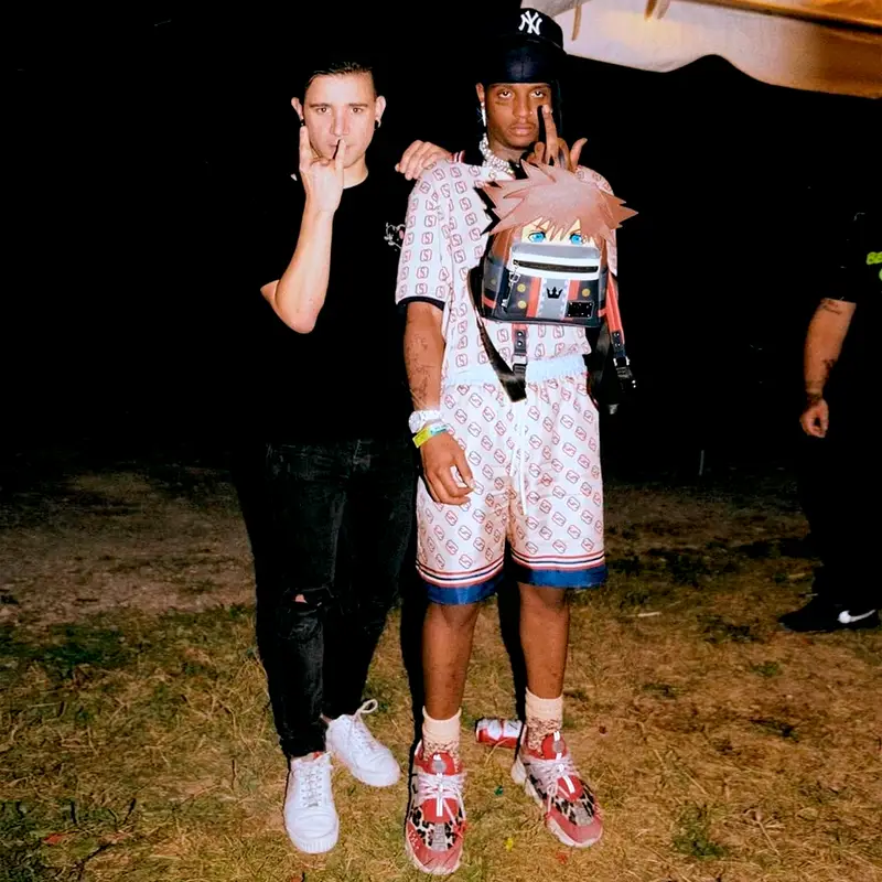 Ski Mask The Slump God outfit in Gucci, Loungefly, and New Era, 2019