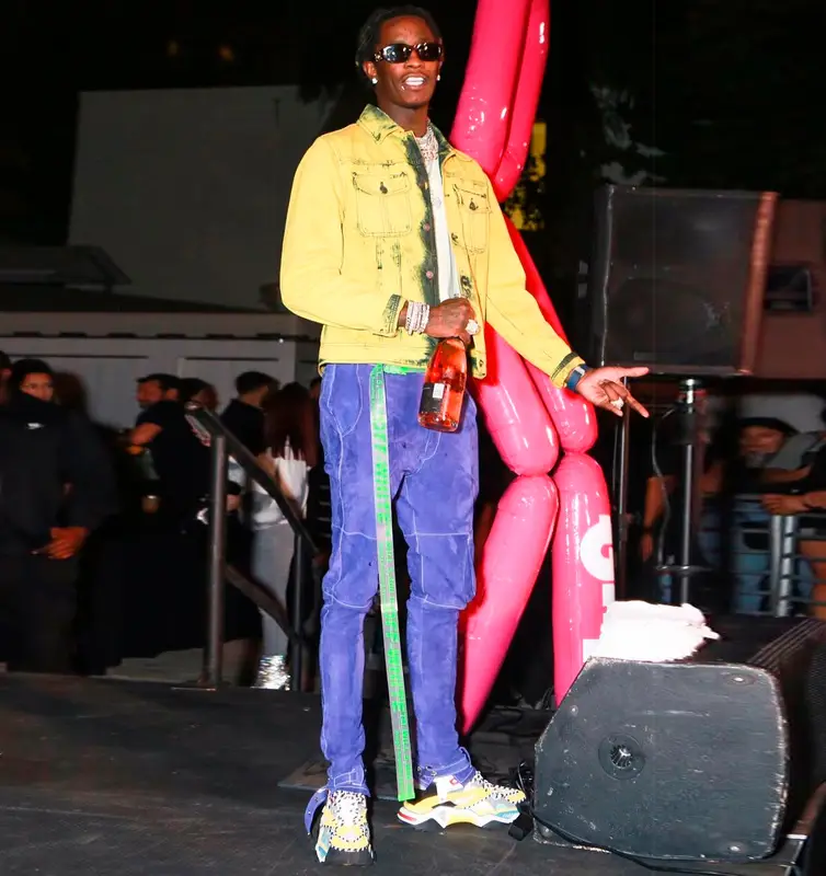 Young Thug outfit in Bottega Veneta, Off-White, and Versace, 2019
