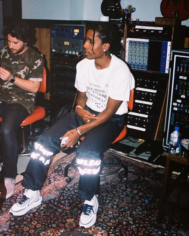 ASAP Rocky outfit in Public Housing Skate Team, Cactus Plant Flea Market, and Human Made, 2019