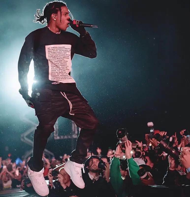 ASAP Rocky outfit in Rick Owens, Fox Racing, and Alexander Wang, 2019