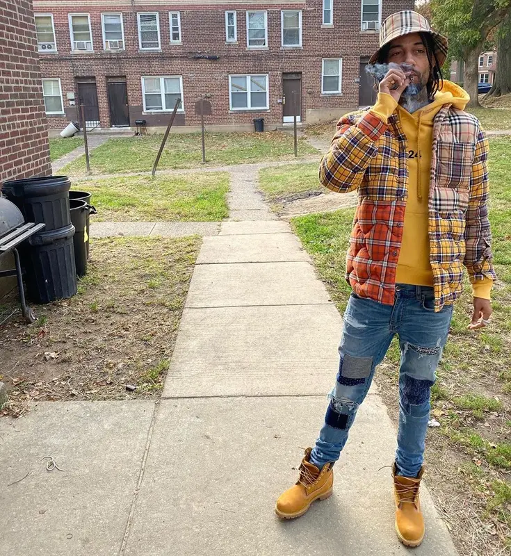 PnB Rock outfit in 424, Timberland, and Burberry, 2019