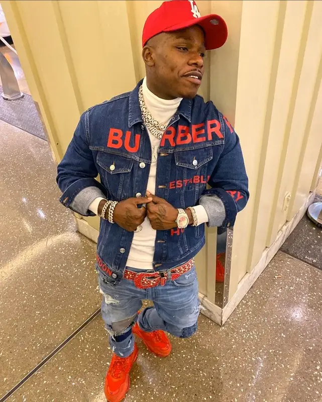 DaBaby outfit in Burberry, B.B. Simon, and New Era, 2019