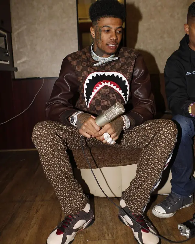 Blueface outfit in Bape, Burberry, and Jordan, 2019