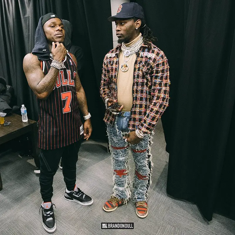 Offset outfit in Pleasures, Louis Vuitton, and New Era, 2020