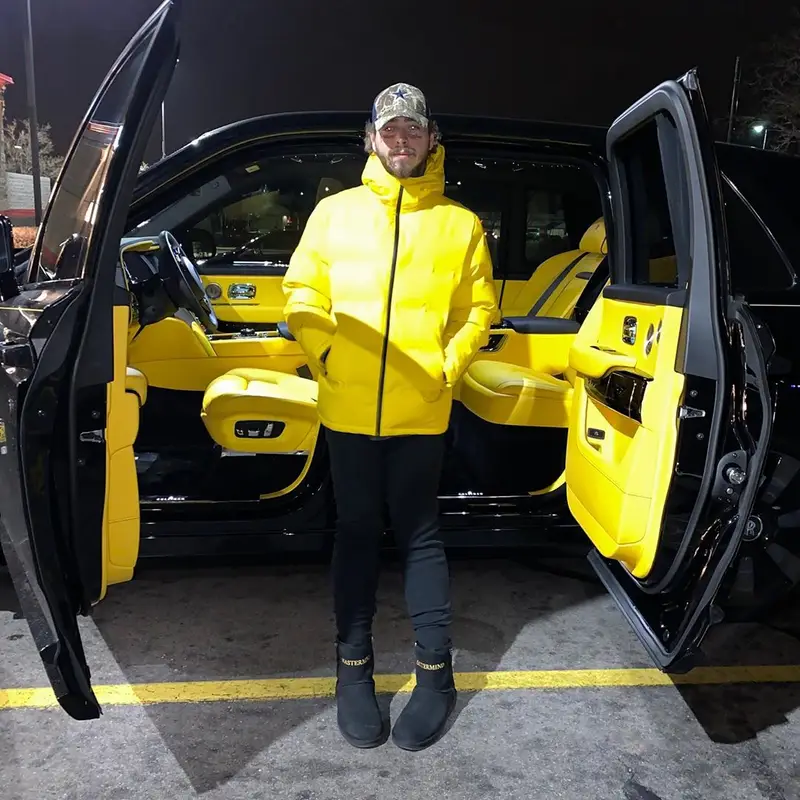 Post Malone outfit in Huffer, Mastermind World × Ugg Shearling, and New Era, 2020