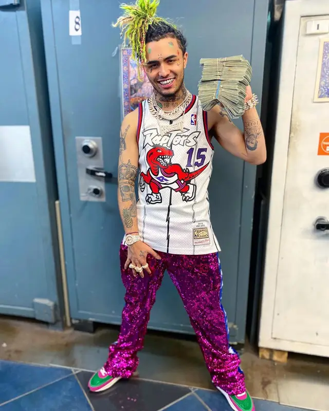 Lil Pump outfit in Mitchell & Ness, Kappa, and Faith Connexion, 2020