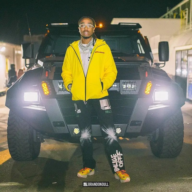 Quavo outfit in Prada, Off-White, and Nike, 2020