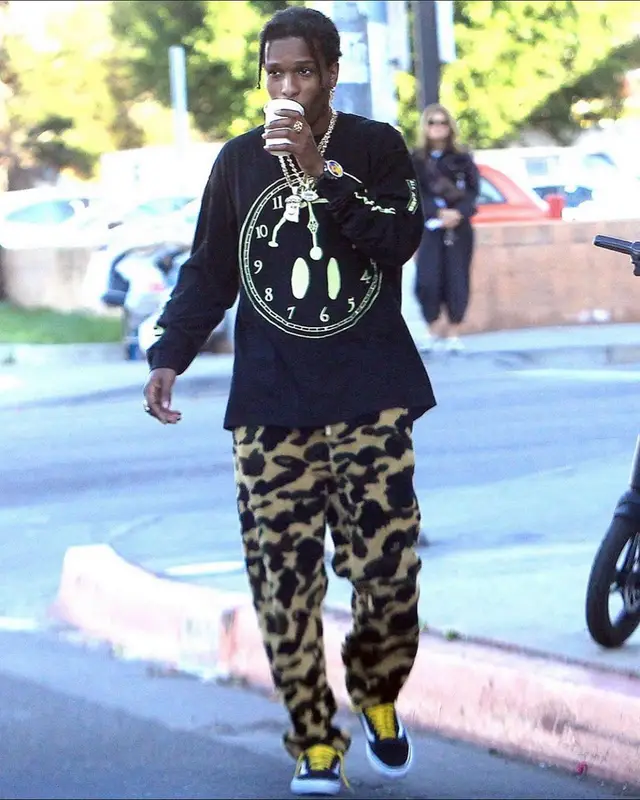 ASAP Rocky outfit in AWGE, Bape, and Jacob & Co., 2020