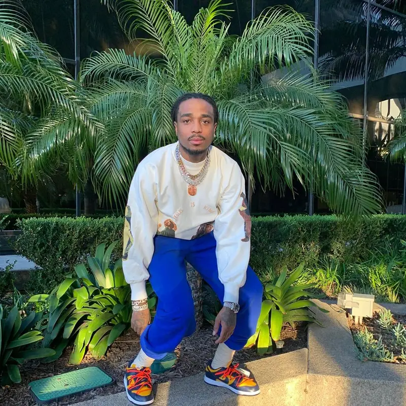Quavo outfit in Kanye West Merch, Nike, and Off-White, 2020