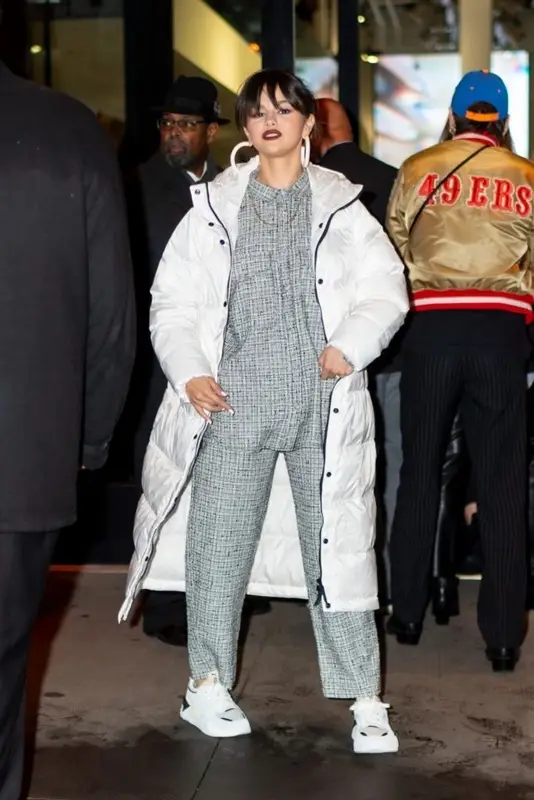 Selena Gomez outfit in Everlane, Totême Houndstooth, and Puma, 2020