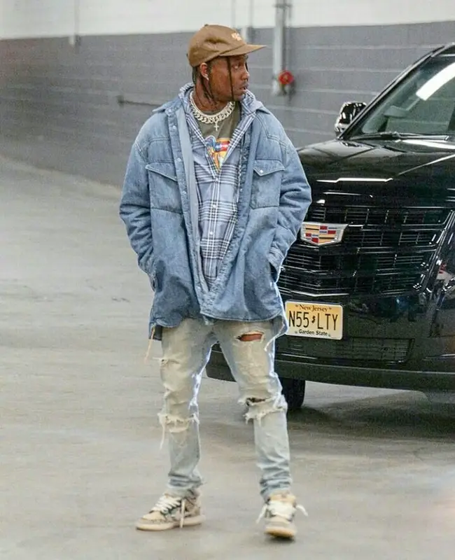 Travis Scott outfit in Maison Margiela, Nike, and Travis Scott Merch, 2020