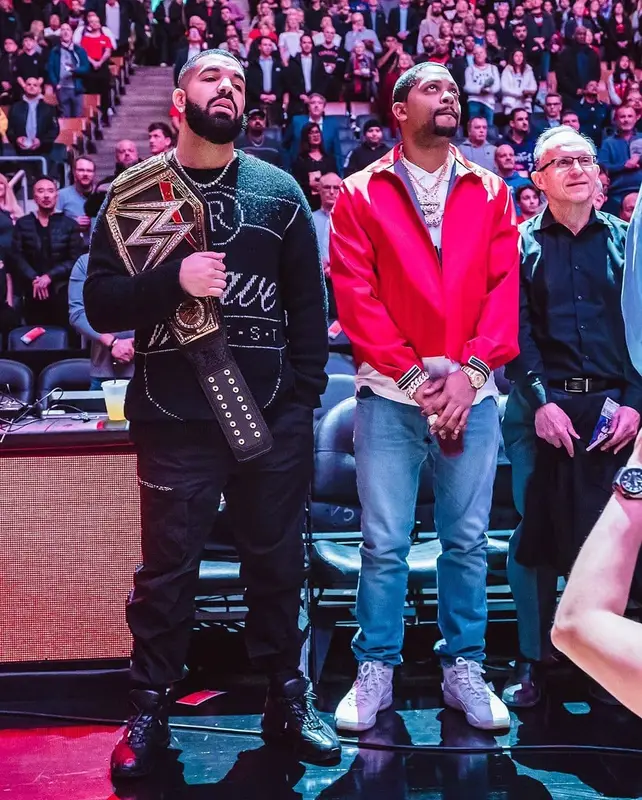 Drake outfit in Raf Simons, Louis Vuitton, and WWE, 2020