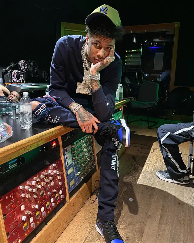 Blueface outfit in Champion, Burberry, and New Era, 2020