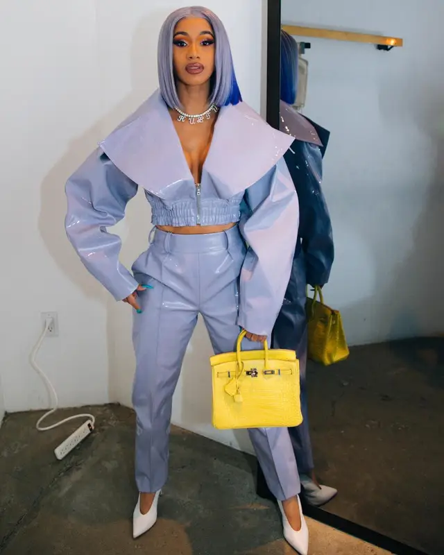 Cardi B outfit in Christian Siriano, Christian Louboutin, and Hermes, 2020
