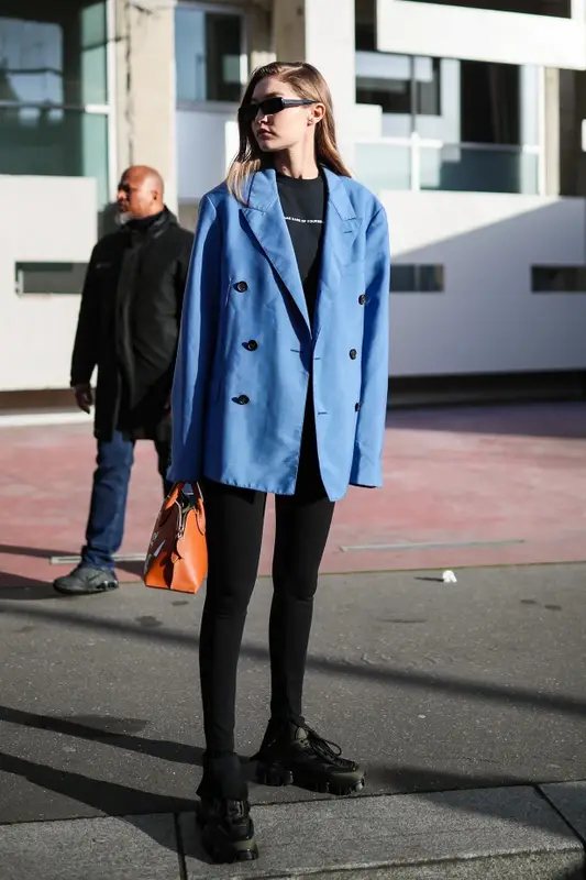 Gigi Hadid outfit in Lanvin, Fenty, and Wardrobe.NYC, 2020