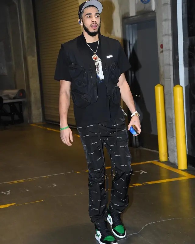 Jayson Tatum outfit in Christos, Fear of God, and Off-White, 2020