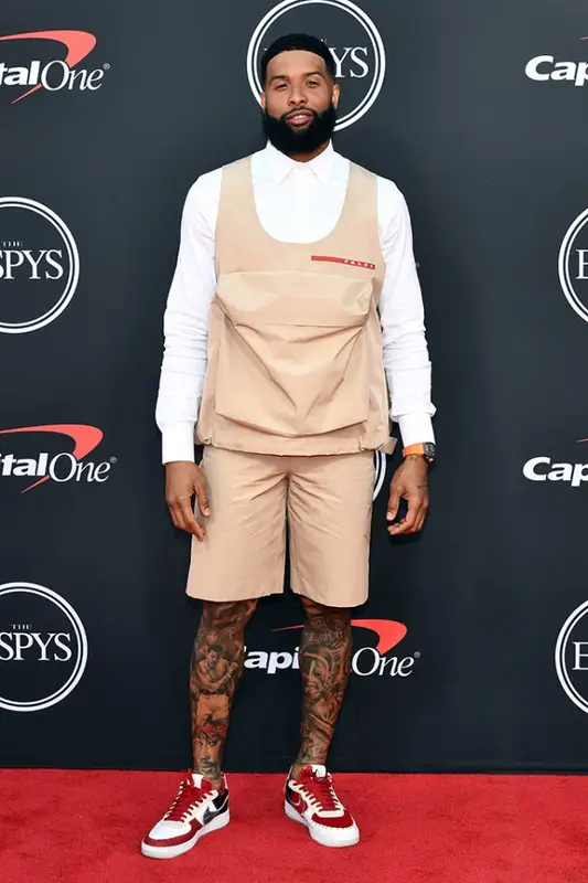 Odell Beckham Jr outfit in Prada, Nike, and Shoe Surgeon, 2020