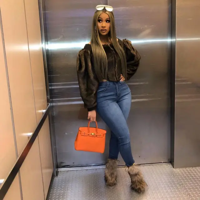 Cardi B outfit in Burberry, FashionNova, and Hermes, 2020