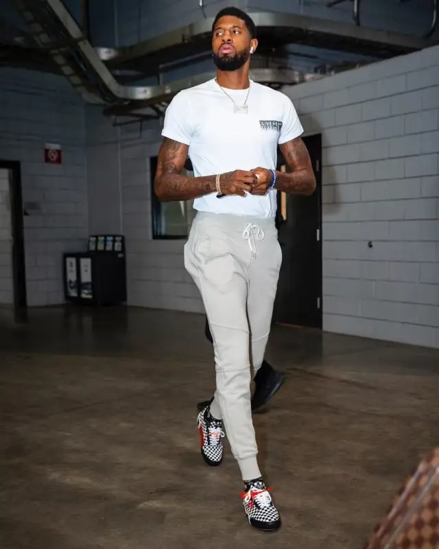 Paul George outfit in Givenchy, John Elliott, and Off-White, 2020