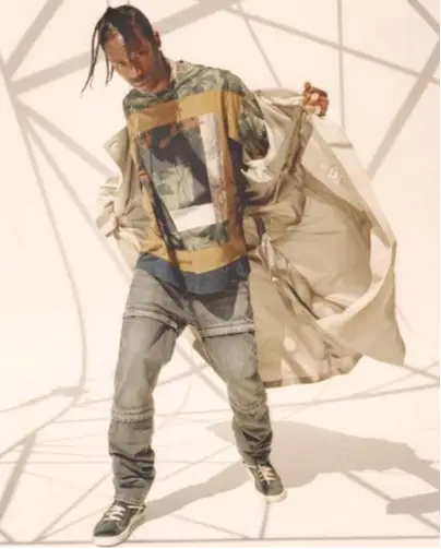 Travis Scott outfit in De Bonne Facture, Dries Van Noten, and Balenciaga, 2018