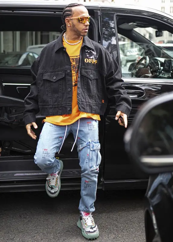 Lewis Hamilton outfit in Off-White, Levi’s, and Police, 2020