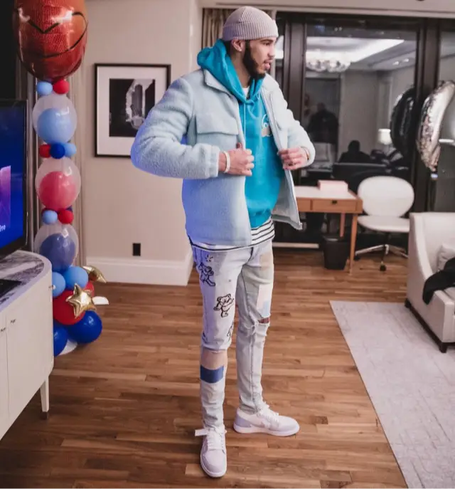Jayson Tatum outfit in Helmut Lang, Off-White, and Amiri, 2020