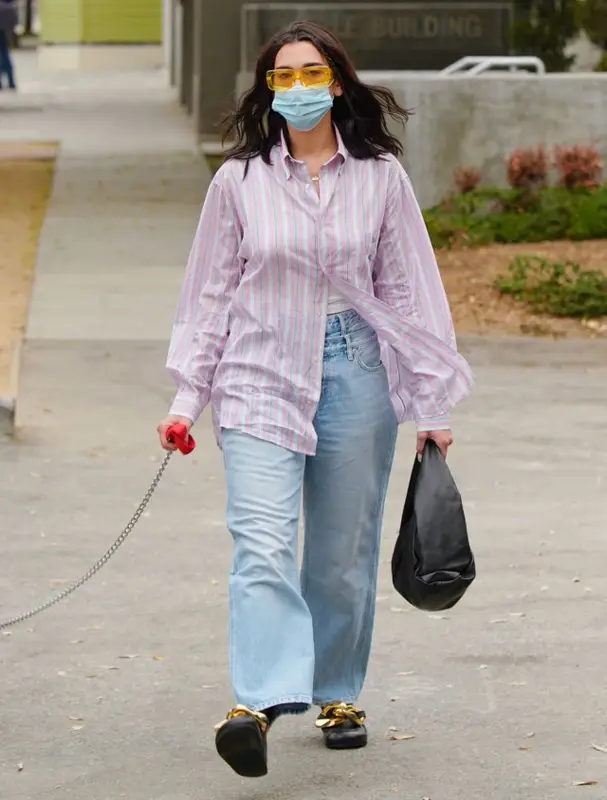 Dua Lipa outfit in Etro, Linda Farrow, and The Attico, 2020