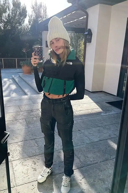 Hailey Bieber outfit in Maison Margiela, The Odder Side, and The North Face, 2020
