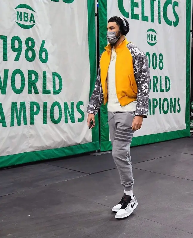 Jayson Tatum outfit in Sevin Kasran, Thom Browne, and Nike, 2020