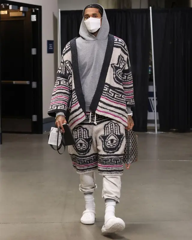 Jordan Clarkson outfit in Camp High, Goyard, and Crocs, 2020