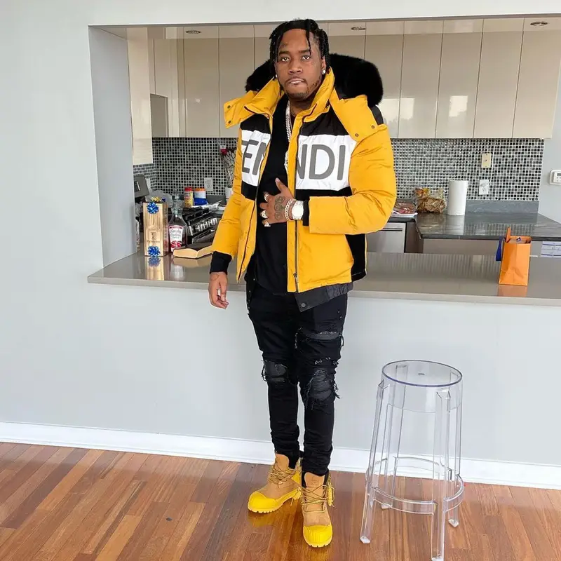Fivio Foreign outfit in Fendi, Amiri, and Timberland, 2021