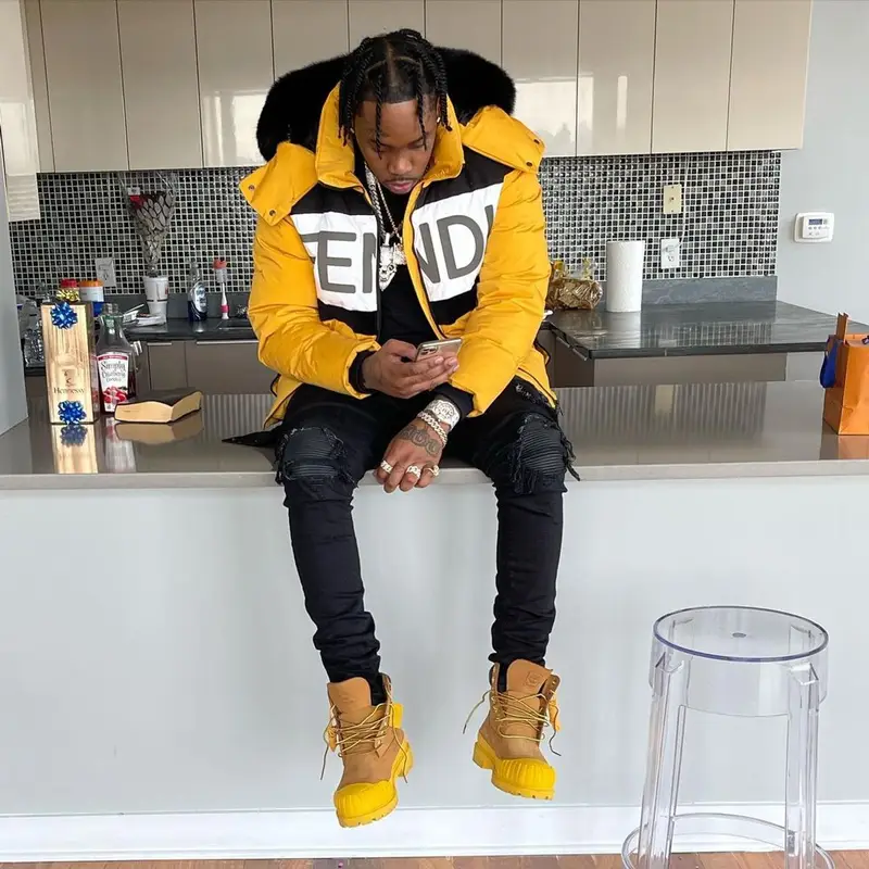 Fivio Foreign outfit in Fendi, Amiri, and Timberland, 2021