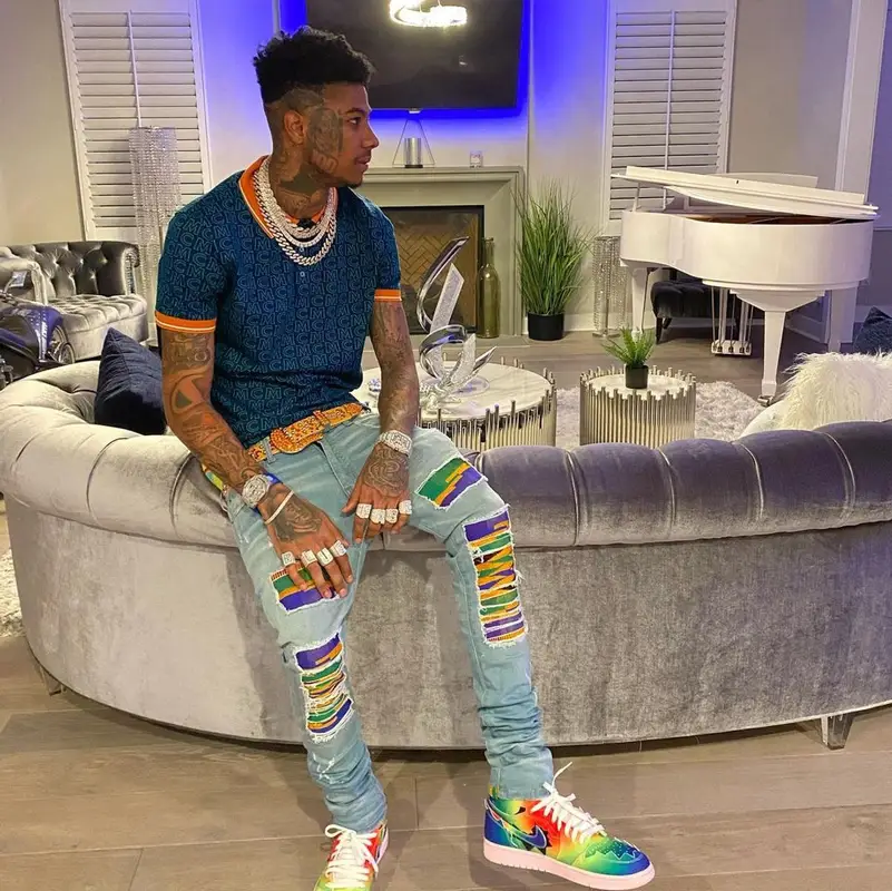 Blueface outfit in MCM, Kumi Kente, and B.B. Simon, 2021