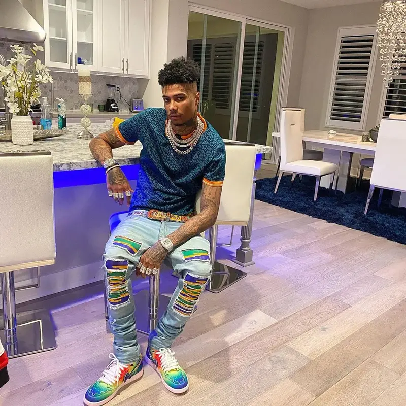 Blueface outfit in MCM, Kumi Kente, and B.B. Simon, 2021