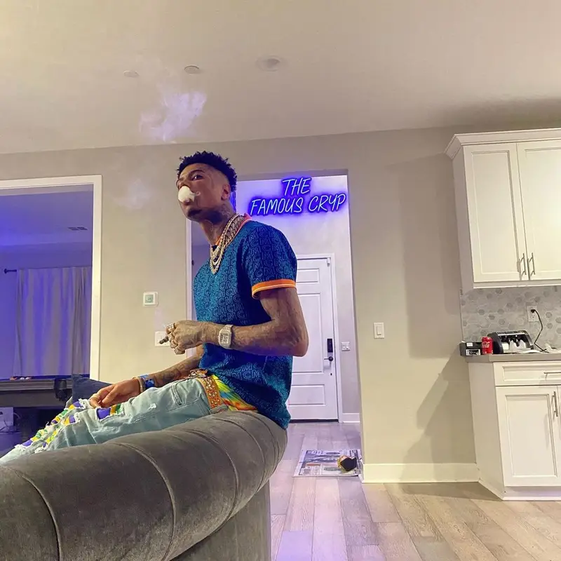 Blueface outfit in MCM, Kumi Kente, and B.B. Simon, 2021